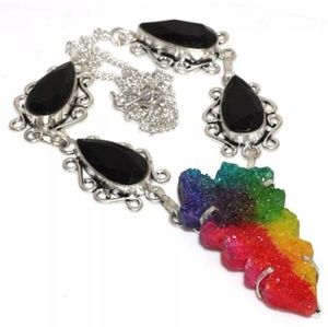 New Rainbow Agate Druzy and Black Onyx Silver Necklace.